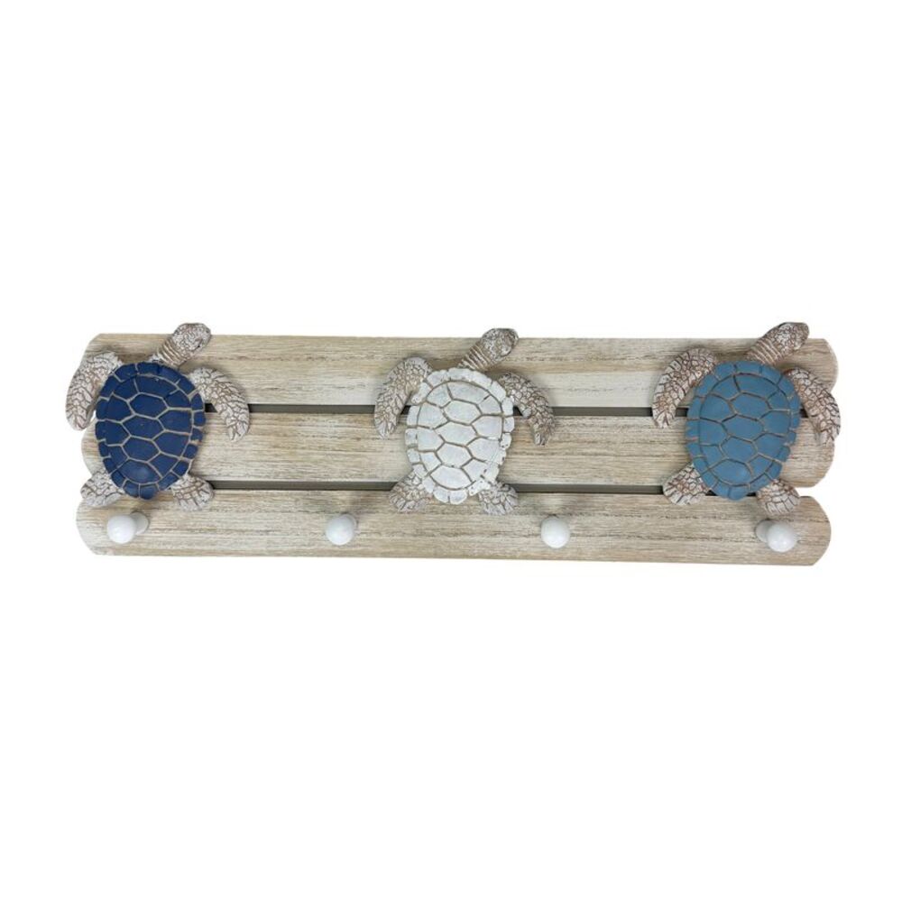 Sea Turtle Wall Hook Rack 4 Peg Distressed Wood Resin 19 Inch Coastal